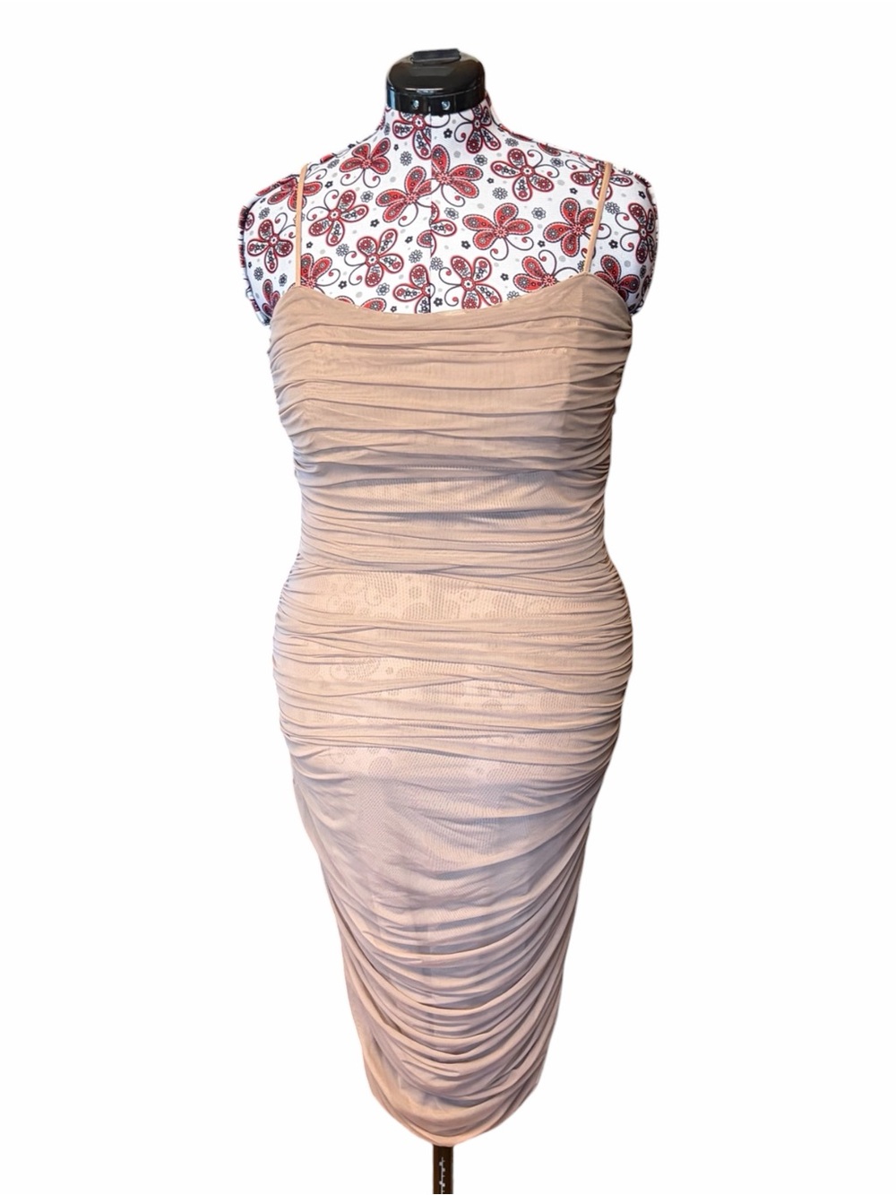 Aritzia Babaton Luxor Ruched Mesh Cocktail Bodycon Midi Dress Tan Blush 14